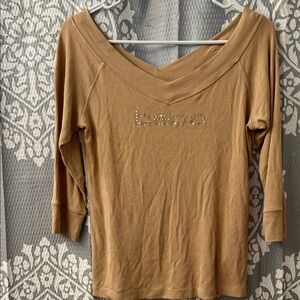 Bebe Camel V-Neck Top with Rhinestone Detail